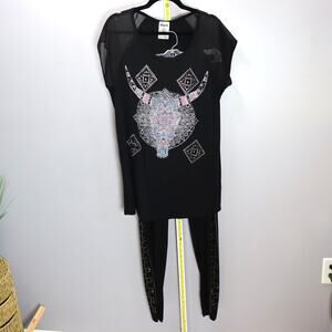 Vocal‎ Rhinestone Steer Head Top & Leggings Set Black Western Bling